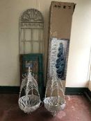 Four sections of cast metal garden trellis, two hanging planters, boxed topiary spiral tree,