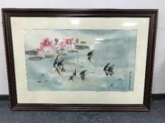 Chinese school : Fish by lily pads, 117 cm x 67 cm, signed, watercolour, framed.