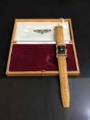 A vintage 14ct gold Longines wrist watch, in Longines box.