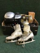 Two boxes of Delonghi coffee maker, kitchen storage jars, vintage style telephone,