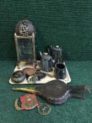 A silver plated four piece tea service, bellows, horse brasses,