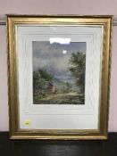19th century school : Buildings in a woodland landscape, watercolour, signed with a monogram,