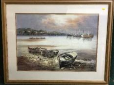 A framed print by Flemming - boats at low tide