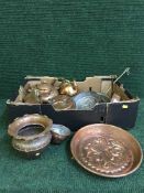 A box of copper kettles, embossed copper pieces,