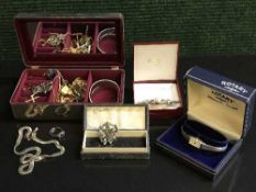 Several jewellery boxes containing a 9ct gold dress ring, costume jewellery,
