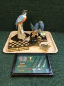 A tray of Leonardo Collection kingfishers, glazed golf montage, chess box and pieces,