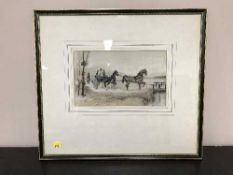 20th century school : Horse drawn carriage, colour chalks, 27 cm x 16 cm, framed.