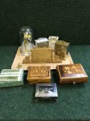 A tray of modern carriage clocks, anniversary clock under dome,