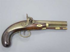 A 19th century percussion cap pistol, with 14cm cylindrical damascus barrel,