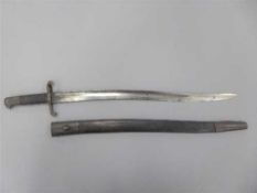 A British Enfield sword bayonet with 57cm recurving blade, in leather scabbard.