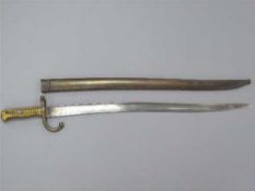 A French Chassepot Yataghan sword bayonet with 57cm recurving blade, in steel scabbard.