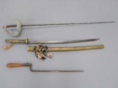 A 19th century bayonet, a Samurai style sword and a fencing foil.