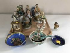 A tray of bird figures, continental figures, cloisonne dish,