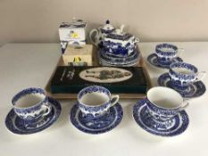 A tray of blue and white china, Ringtons ware,