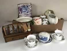 A box of dinner ware, china, character jug,