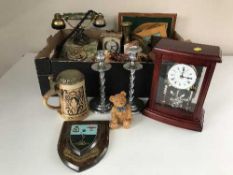 A box of wooden plaques, onyx telephone,