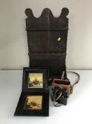A nineteenth century oak spoon rack together with pair of binoculars and two pictures on ivorex