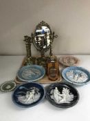 A tray of brass candlesticks, cabinet china, wooden bookend,