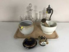 An cut crystal Edwardian claret jug, pestal and mortar,