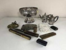 A crate of silver plated punch bowl, jewellery boxes, old rulers, mesh purse,
