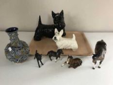 A tray of Doulton Lambeth vase, pottery dog figures,
