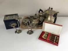 A tray of silver plated items, tea service,