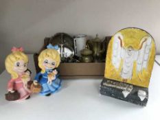 A box of brass tea service, brass stair rod clips,