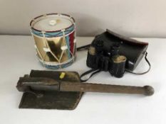 A tray of collectable's including binoculars, regimental drum ice bucket,