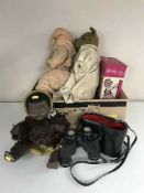 A box of vintage dolls, old teddy bear, Sindy's own wardrobe in box,