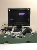 Two boxes of Pentax binoculars, MP3 station, surround sound system,