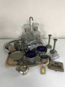 A tray of decanter set, silver plated items, silver teaspoon,