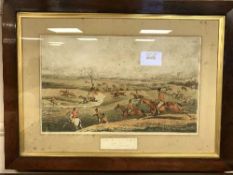 Three early 20th century hunting prints in rosewood frames.