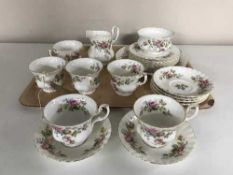 A tray of Royal Albert Moss rose tea china