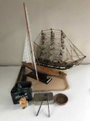 A tray of two model galleons,