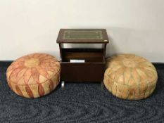 A mag rack and pair of leather footstools