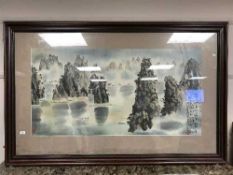 Chinese school : Mountains in the sea, watercolour.