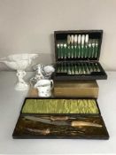A tray of Royal Albert cups and saucers, cased carving set,