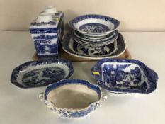 A tray of blue and white antique plates,