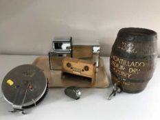 A tray of china Sherry barrel, Australian fishing reel,