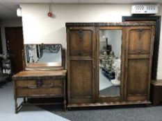 An oak mirror door wardrobe and matching dressing table
