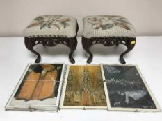 A pair of metal footstools and a box of pictures