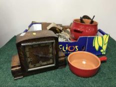 Two boxes of oak mantel clock, storage box, cutlery,