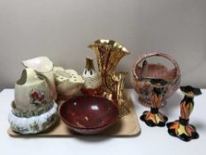 A tray of Lorna Bailey candlesticks, gilded lustre ware, china,