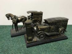 A Ringtons horse and cart and a car on plinth (2)