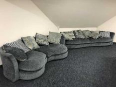 Two contemporary large settees with scatter cushions in grey fabric