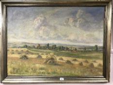 Continental school : A hay field with farm beyond, oil on canvas, indistinctly signed, dated 1933,