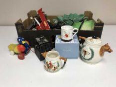 Three boxes of children's toys, Beatrix Potter books, costume jewellery, Matchbox puzzles china,