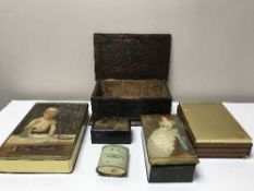 Tray comprising wooden box with carved horse motif together with advertising tins,