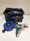 A box of tools, extension lead,