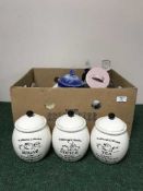 A box of china, ginger jars, storage pot,